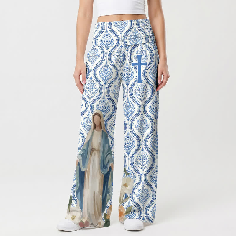 Christianartworkshop Pantaloni palazzo da donna a gamba larga con croce della Madonna blu e bianca - image 1