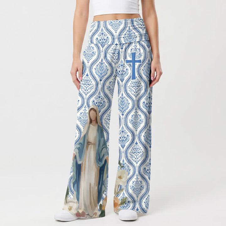 Christianartworkshop Pantaloni palazzo da donna a gamba larga con croce della Madonna blu e bianca - image 1