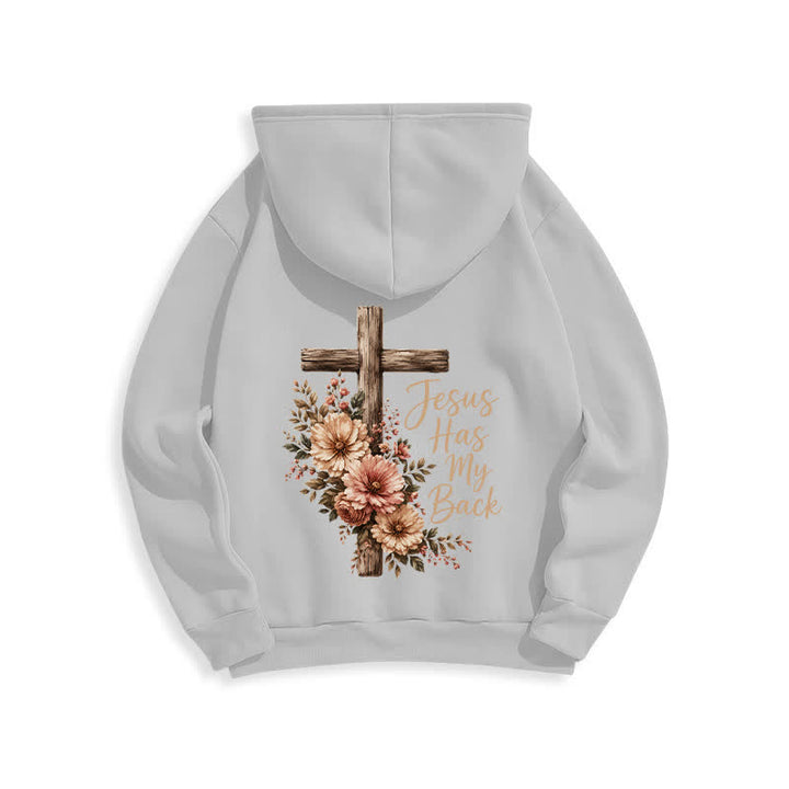 Christianartworkshop Felpa con cappuccio bianca con croce floreale "Jesus Has My Back" - image 7