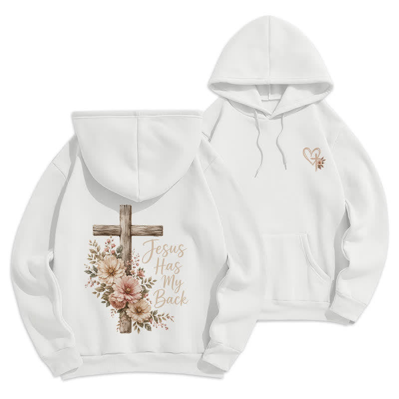Christianartworkshop Felpa con cappuccio bianca con croce floreale "Jesus Has My Back" - Bianco - 2XL - image 0