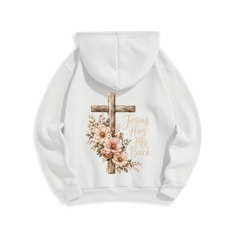 Christianartworkshop Felpa con cappuccio bianca con croce floreale "Jesus Has My Back" - image 1