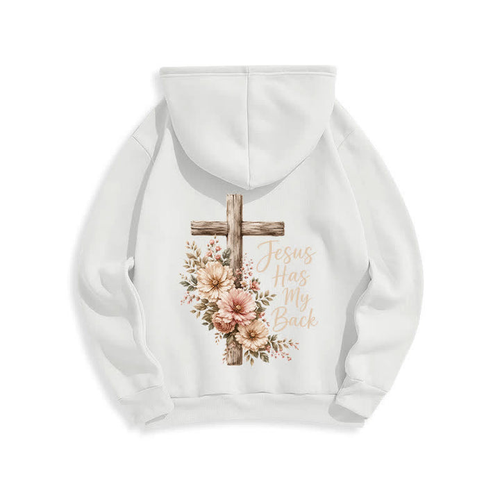 Christianartworkshop Felpa con cappuccio bianca con croce floreale "Jesus Has My Back" - image 1