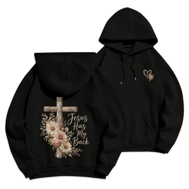 Christianartworkshop Felpa con cappuccio bianca con croce floreale "Jesus Has My Back" - Nero - 2XL - image 3