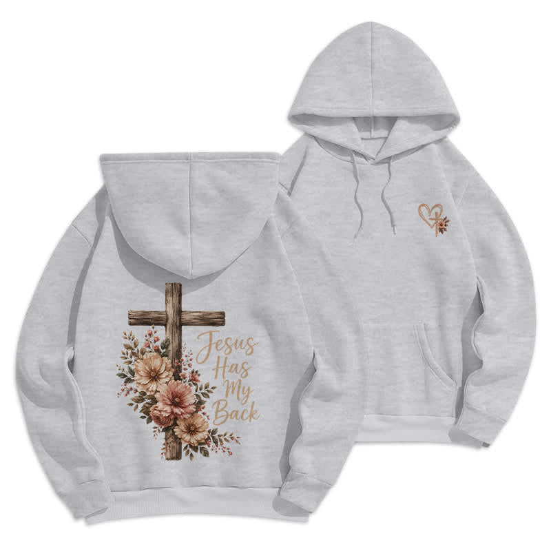 Christianartworkshop Felpa con cappuccio bianca con croce floreale "Jesus Has My Back" - Grigio - 2XL - image 6