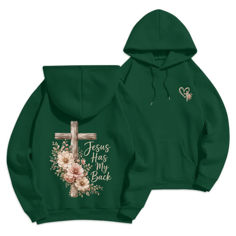 Christianartworkshop Felpa con cappuccio bianca con croce floreale "Jesus Has My Back" - Verde - 2XL - image 12