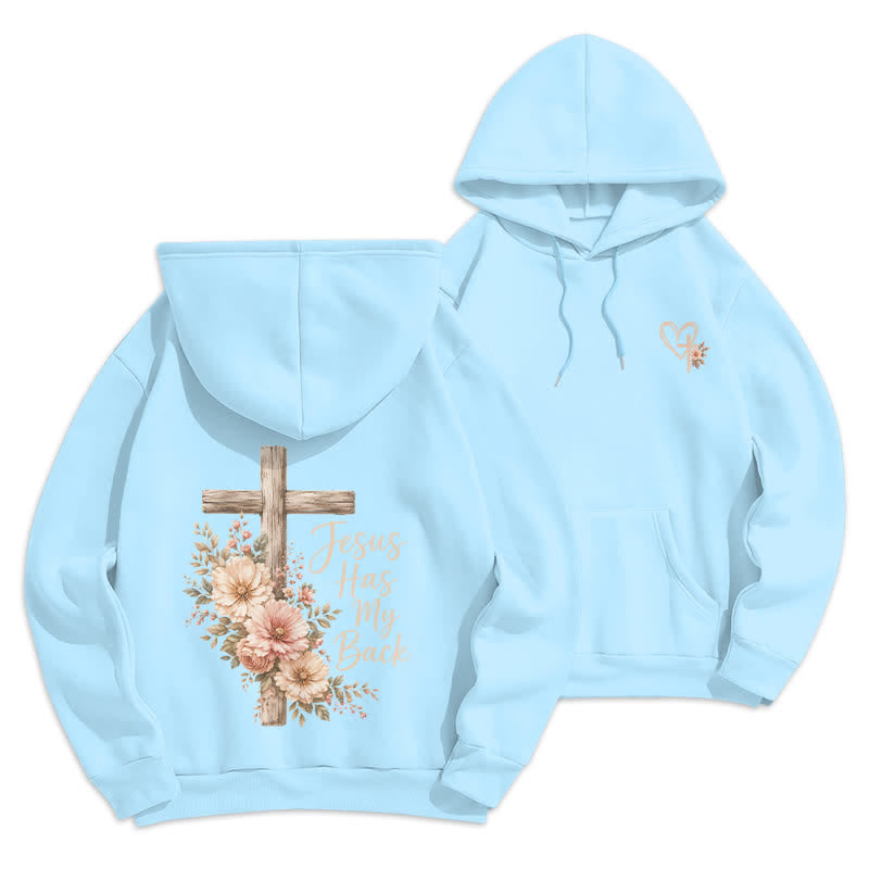 Christianartworkshop Felpa con cappuccio bianca con croce floreale "Jesus Has My Back" - Blu - 2XL - image 18