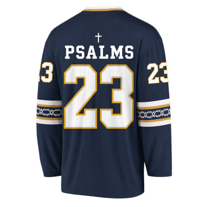 Christianartworkshop Maglia da hockey a maniche lunghe blu navy e oro con la scritta "Psalms 23". - image 2
