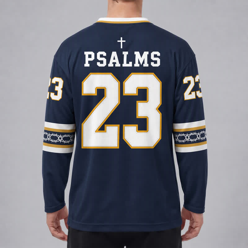 Christianartworkshop Maglia da hockey a maniche lunghe blu navy e oro con la scritta "Psalms 23". - image 4