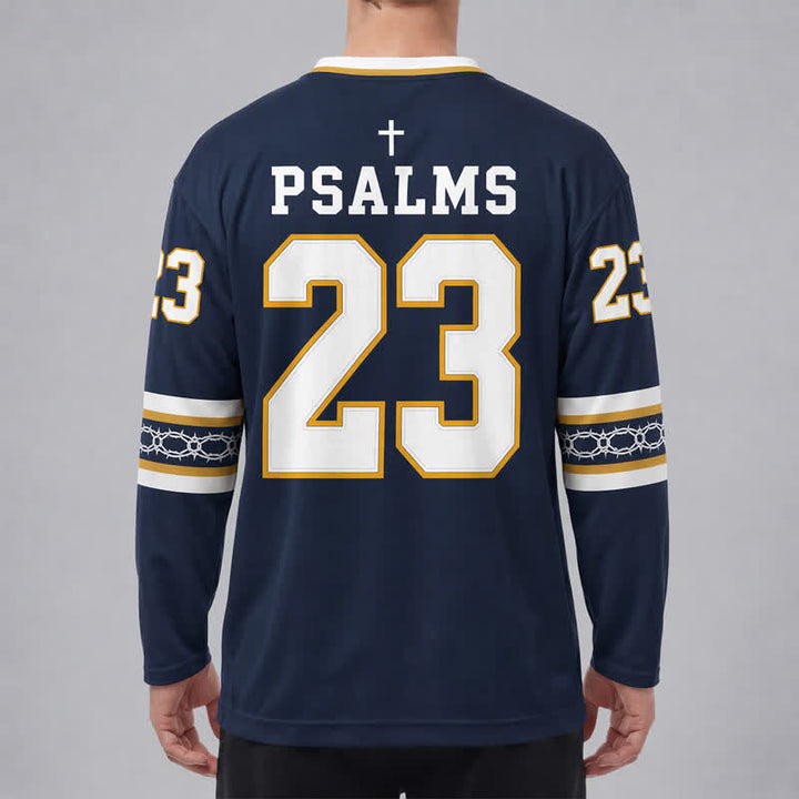 Christianartworkshop Maglia da hockey a maniche lunghe blu navy e oro con la scritta "Psalms 23". - image 4