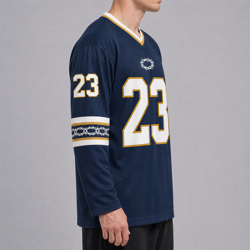 Christianartworkshop Maglia da hockey a maniche lunghe blu navy e oro con la scritta "Psalms 23". - image 5