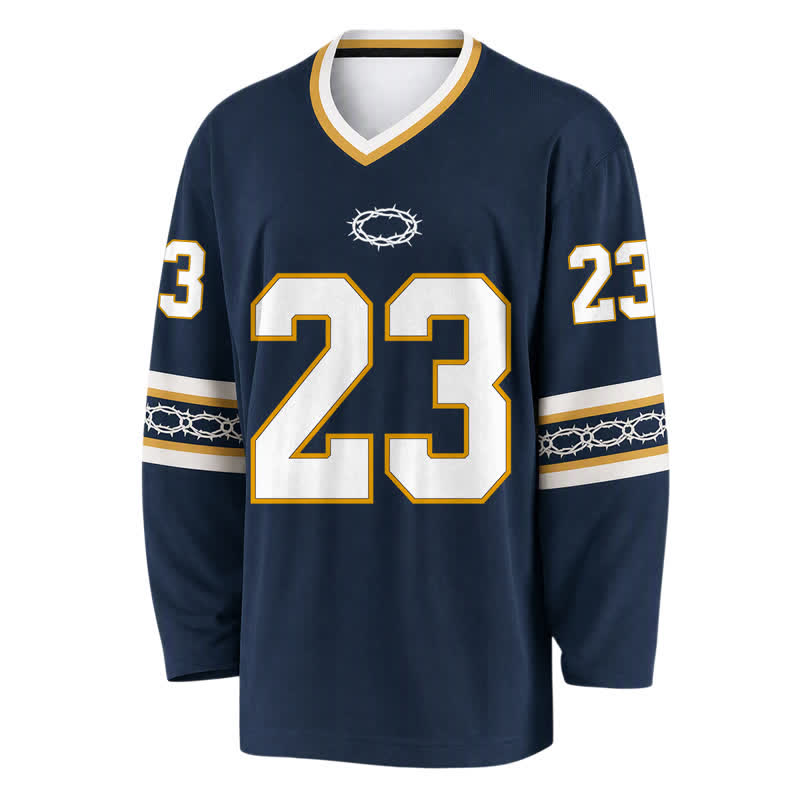 Christianartworkshop Maglia da hockey a maniche lunghe blu navy e oro con la scritta "Psalms 23". - image 1