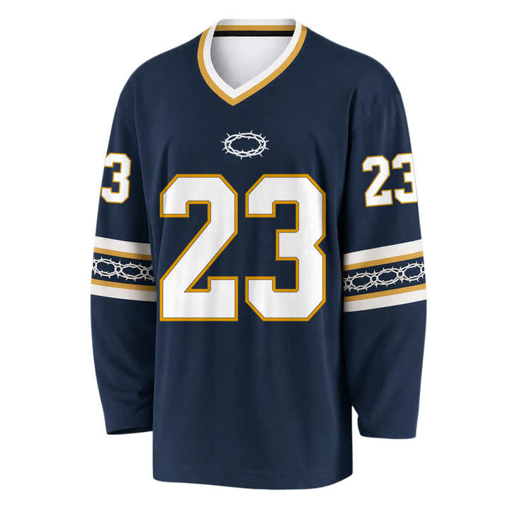 Christianartworkshop Maglia da hockey a maniche lunghe blu navy e oro con la scritta "Psalms 23". - image 1