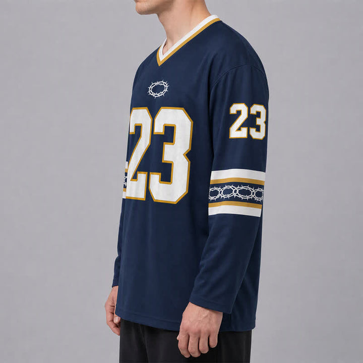 Christianartworkshop Maglia da hockey a maniche lunghe blu navy e oro con la scritta "Psalms 23". - image 6