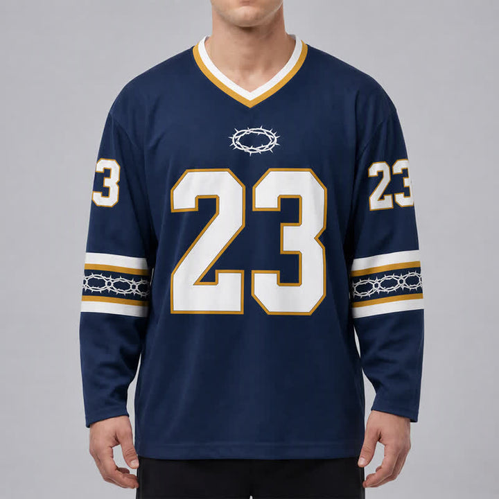 Christianartworkshop Maglia da hockey a maniche lunghe blu navy e oro con la scritta "Psalms 23". - image 3