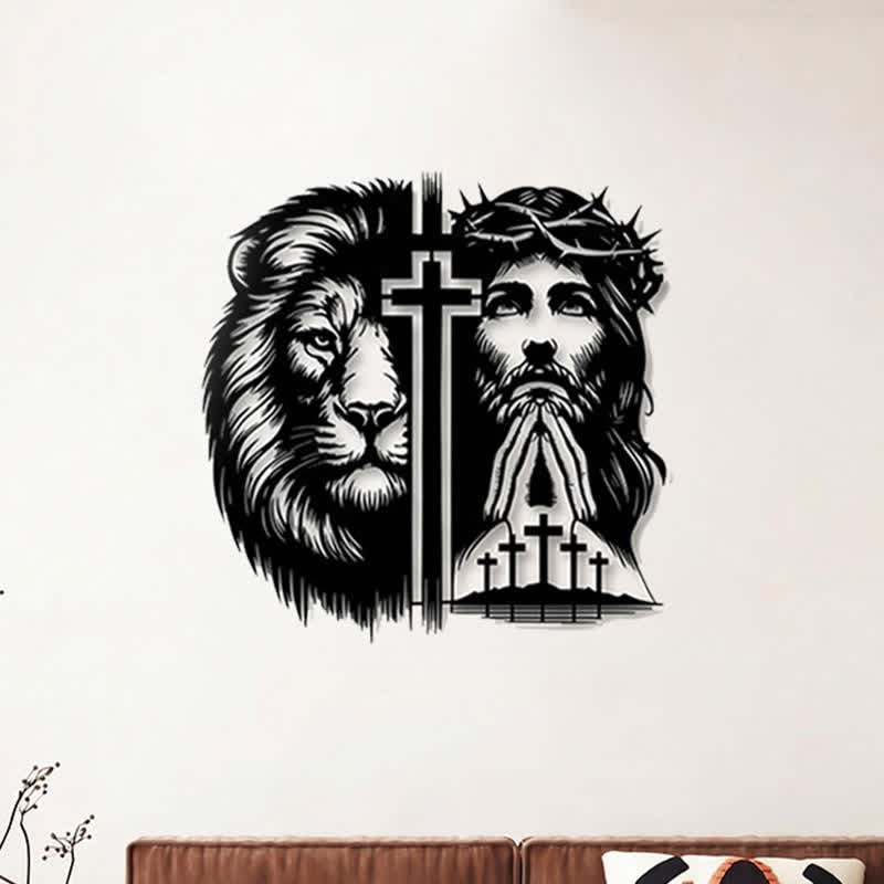 Christianartworkshop - Decorazione murale in metallo con silhouette divisa del Leone di Giuda e di Gesù con corona di spine - image 1
