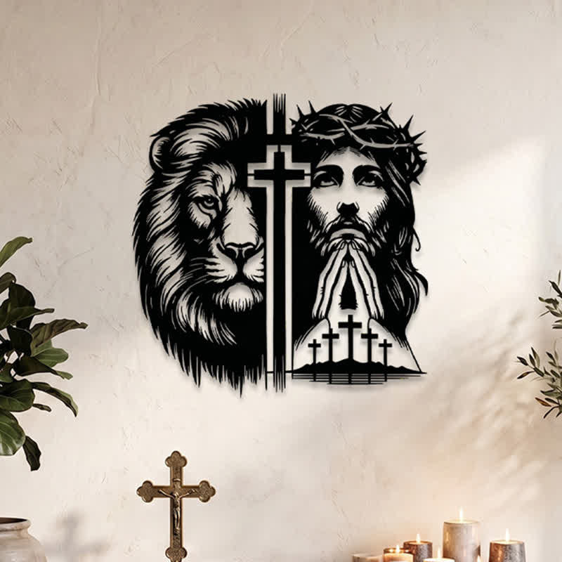 Christianartworkshop - Decorazione murale in metallo con silhouette divisa del Leone di Giuda e di Gesù con corona di spine - image 0