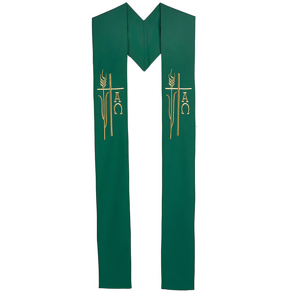 Stola sacra verde per il clero Christianartworkshop con croce dorata, spighe di grano e dettagli Alpha Omega. - Verde - Liturgia standard (270 cm totali) - image 0